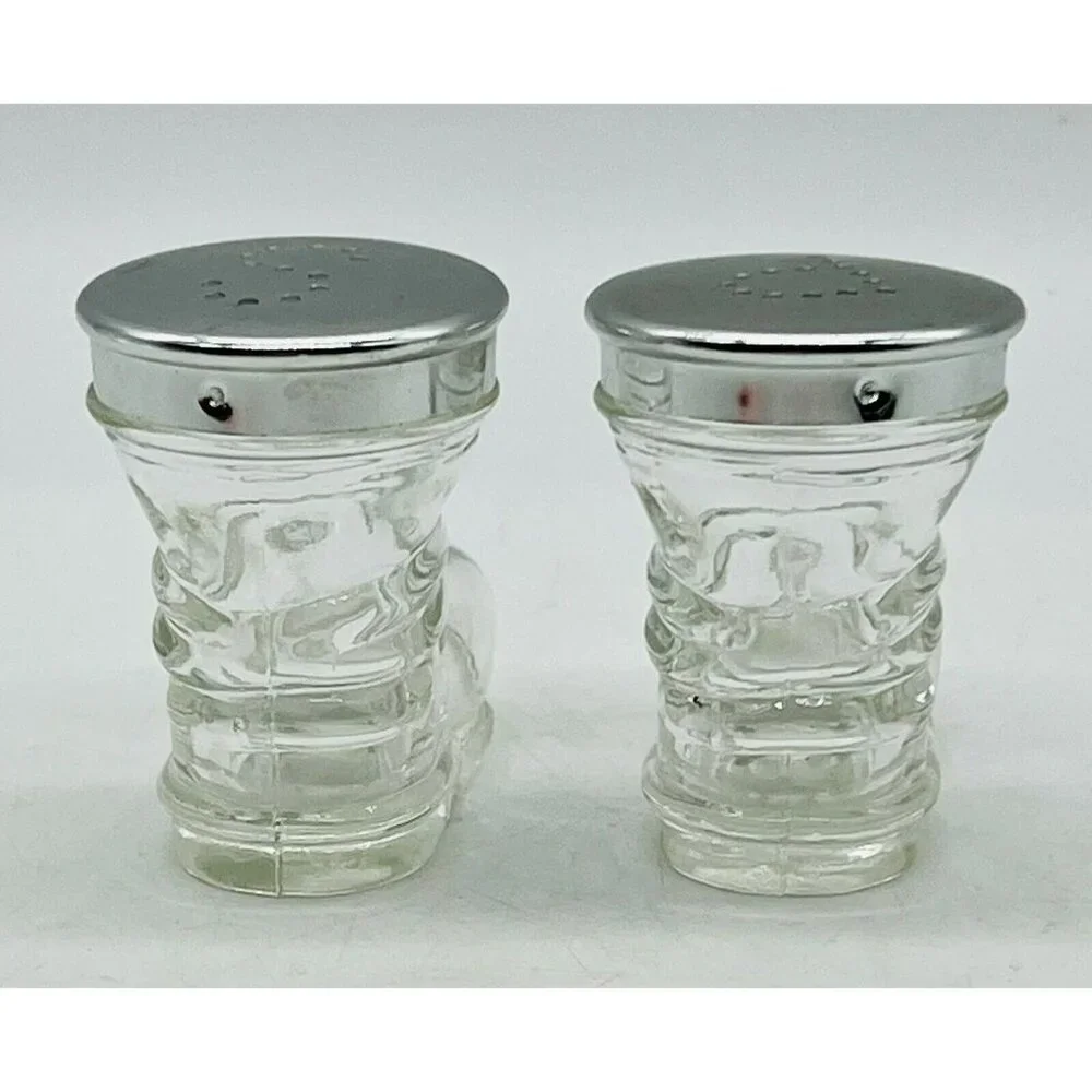 Vintage‎ Clear Glass Boots Shoes Salt Pepper Shaker Set Santa Silver Tops 2 inch
